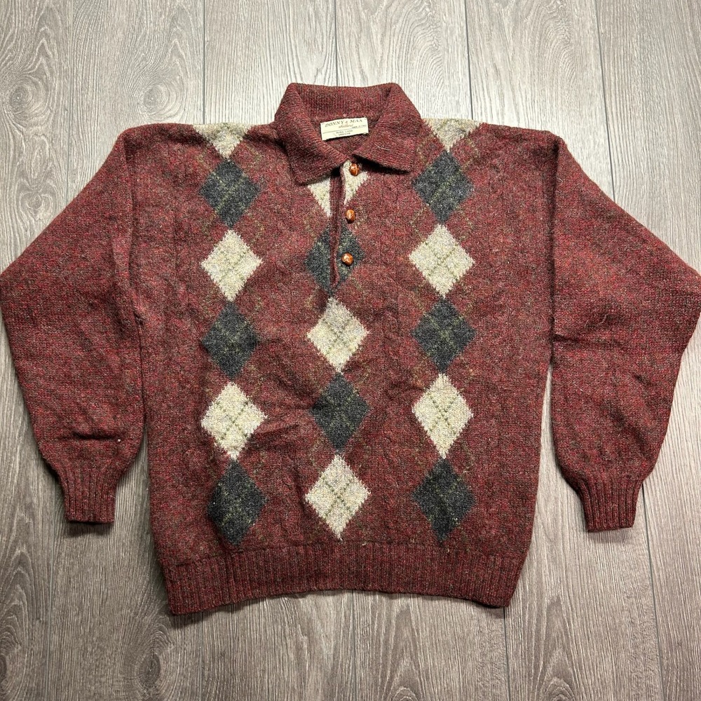 Vintage Donny & Max Shetland Wool Argyle Sweater Mens Red Knit Polo Italy 9373
